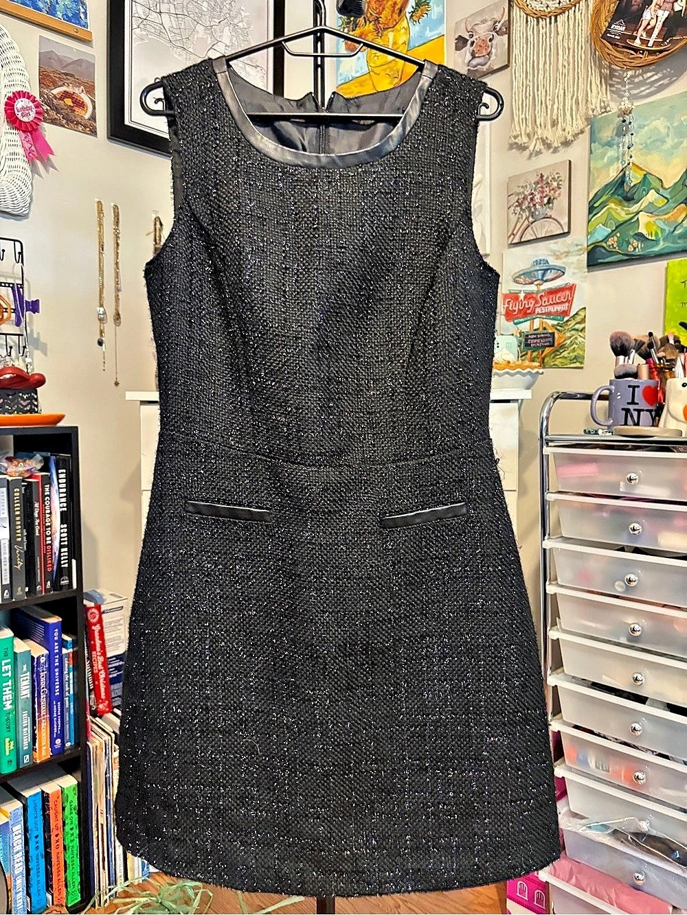 Faux-Leather-Trimmed Tweed Shift Dress Black